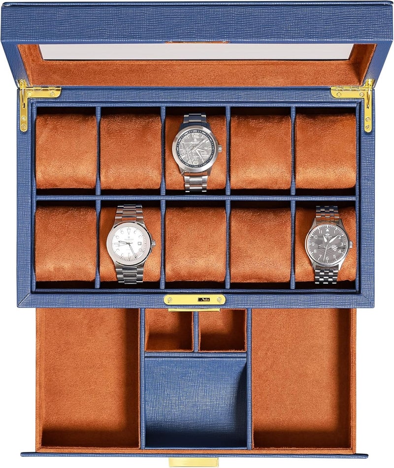 ROTHWELL 10-Slot Watch Box in Leather with Valet Drawer, Luxury Watch Case Display Organizer with Ultra Soft Microsuede Liner, Jewelry and Sunglass Holder With Large Glass top (Blue/Tan) - Image 1